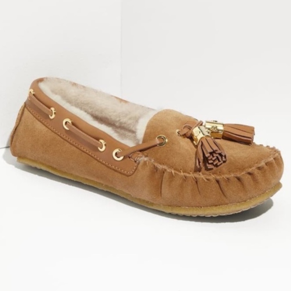 Tory Burch Dee Dee Suede & Shearling Moccasin Slippers in Chestnut Brown